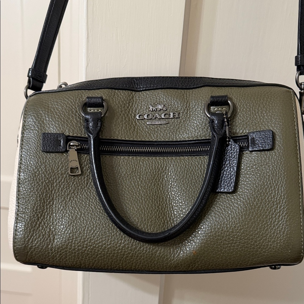 Coach Olive Green Pebbled Leather Satchel with Black Accents